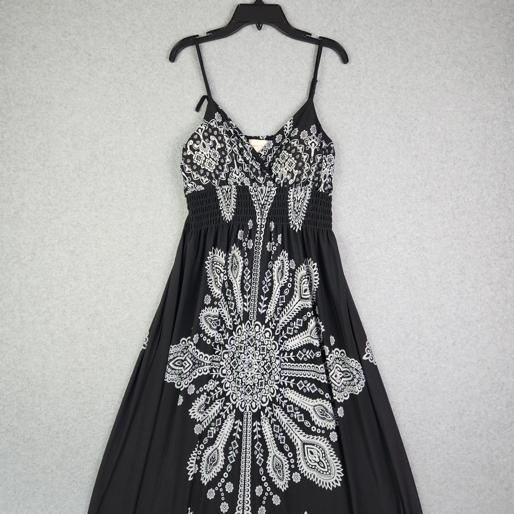 Bobbie Brooks Maxi Dress Women M Black White Medallion Paisley Smocked Chic Boho
